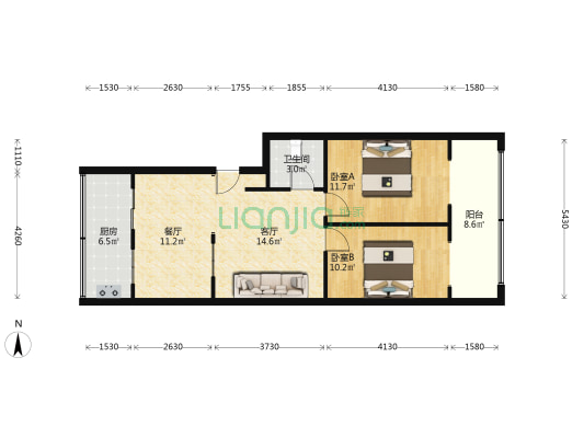 塑料公司宿舍 2室2厅1卫 82平方