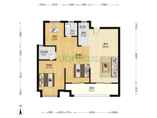 弘润瑞安中心 3室1厅2卫 106平方