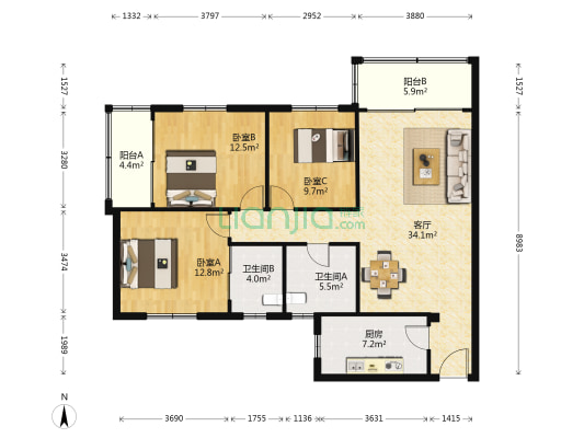 置业花园 3室1厅2卫 113平方