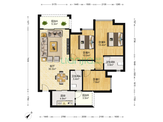 保利香逸花园 3室1厅2卫 107平方