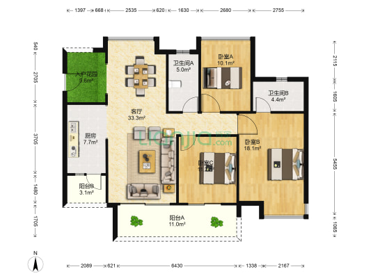 海伦春天二期 3室1厅2卫 126平方