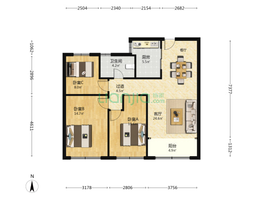 海门金茂大厦 3室1厅1卫 110平方