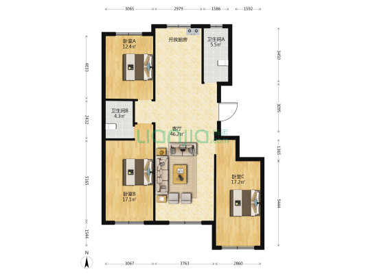 青州金庆御花园 3室1厅2卫 136平方