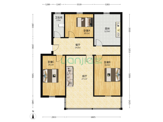 传动轴宿舍 3室2厅1卫 121平方