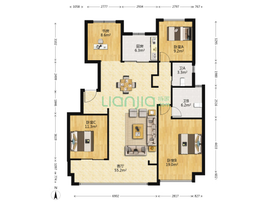 云峰原著 4室1厅2卫 132平方