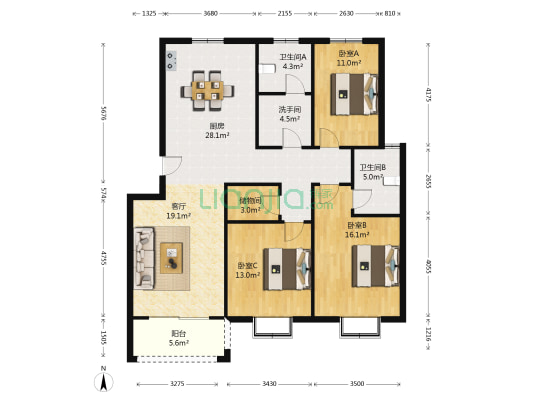 天妃苑桂园坊 3室1厅3卫 125平方