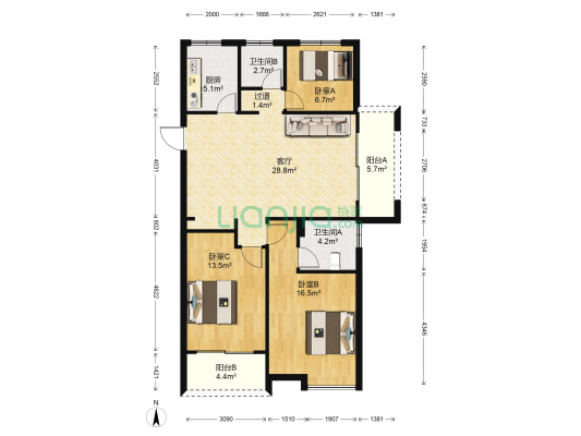 名士颐景园 3室1厅2卫 115平方