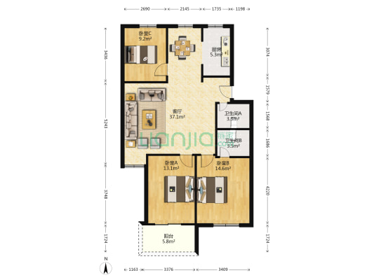 建华小区 3室1厅2卫 109平方