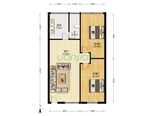旅游公司宿舍 2室1厅1卫 93平方