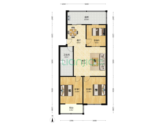 新华131楼 3室2厅1卫 109平方