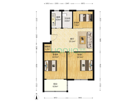金尧花园 3室1厅1卫 90平方