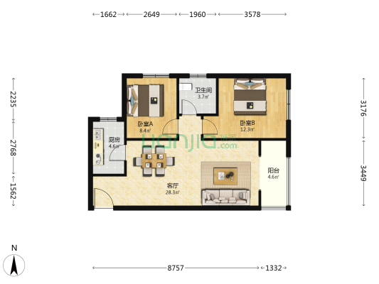 汉城湖畔 2室1厅1卫 88平方