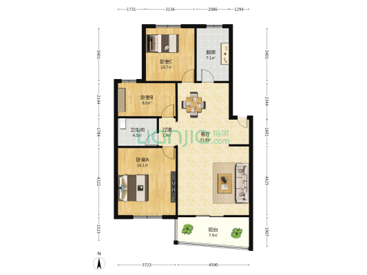 专家公寓 3室1厅1卫 118平方