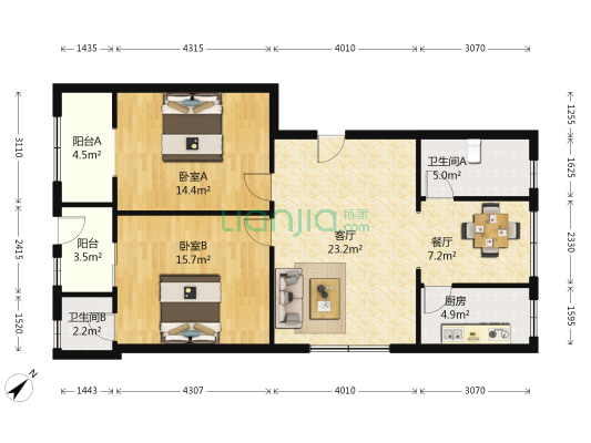 铁机西区 2室2厅2卫 95平方