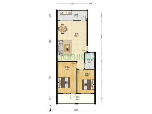 市立三院宿舍 2室1厅1卫 90平方