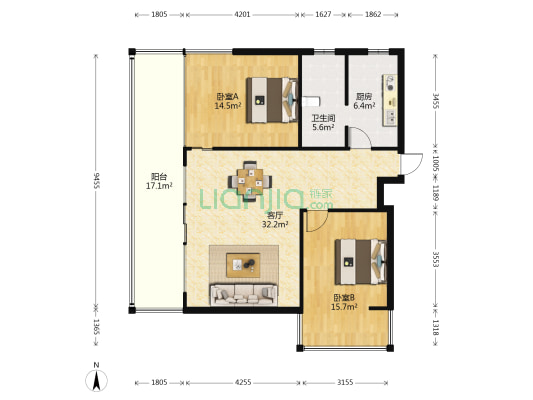 漓滨花园 2室1厅1卫 90平方