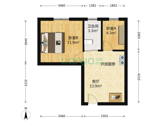 菱角市 2室1厅1卫 44平方