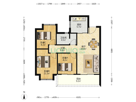 东升旭辉中心 3室1厅1卫 98平方