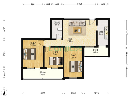 北三环中路甲43号院 3室1厅1卫 104平方
