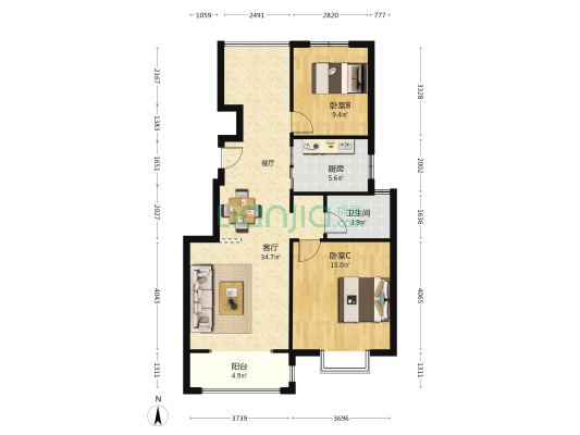 阳光华庭 2室1厅1卫 95平方