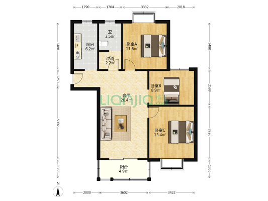 锦泉东苑 3室1厅1卫 98平方