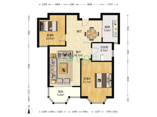 尚海花园（尚海茗苑） 2室1厅1卫 89平方