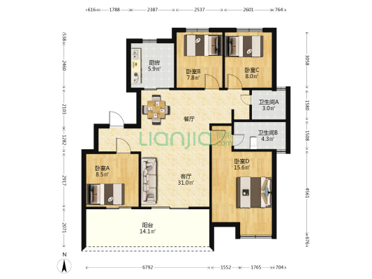 万科金域缇香 4室1厅2卫 118平方