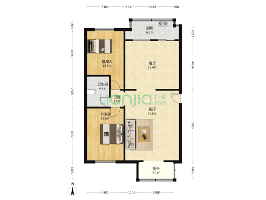 一中宿舍楼 2室2厅1卫 102平方