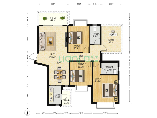 大都知园 3室1厅2卫 118平方