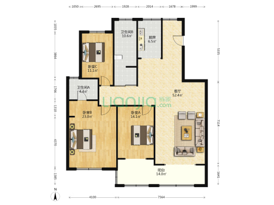 高盛国际花园城五期 3室1厅2卫 159平方