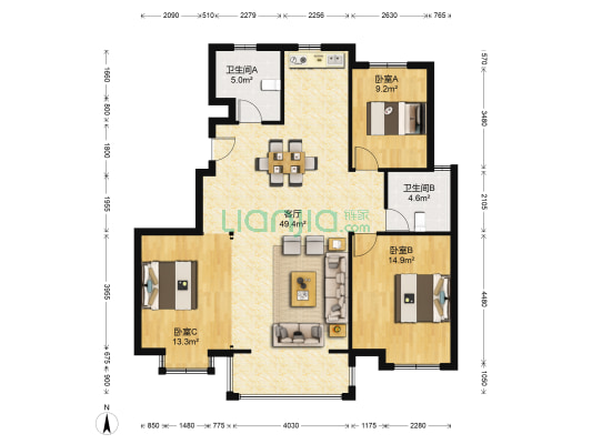 荣盛锦苑 3室1厅2卫 118平方