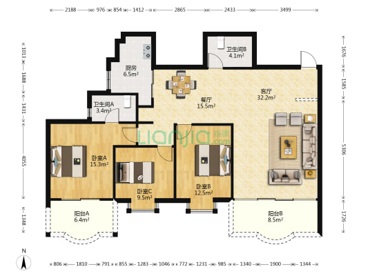 天创佳缘 3室2厅2卫 128平方