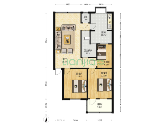 襄阳日报社家属院 3室1厅2卫 96平方