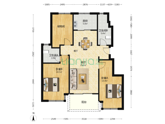 星河胥江新著 2室1厅2卫 105平方