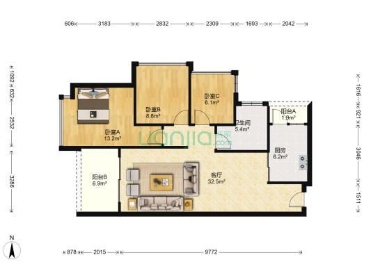 碧桂园翡翠山二期 3室1厅1卫 93平方