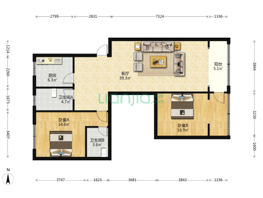盛园小区 2室1厅2卫 107平方