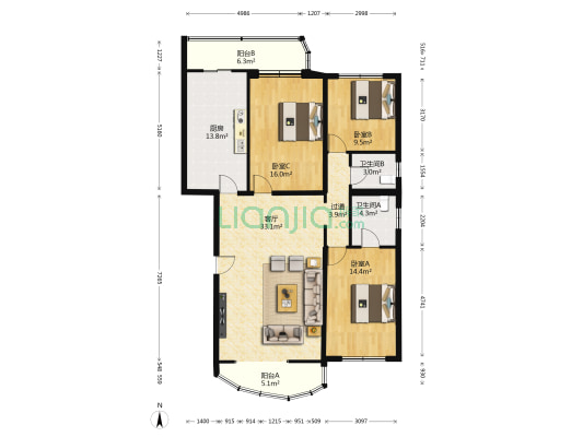 沿湖小区南区 3室1厅2卫 145平方