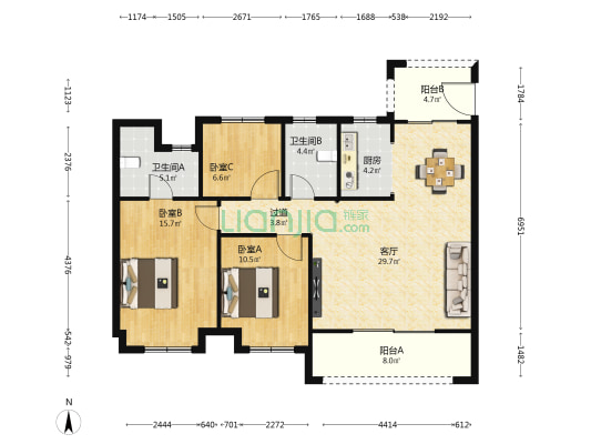 红豆云景 3室1厅2卫 122平方