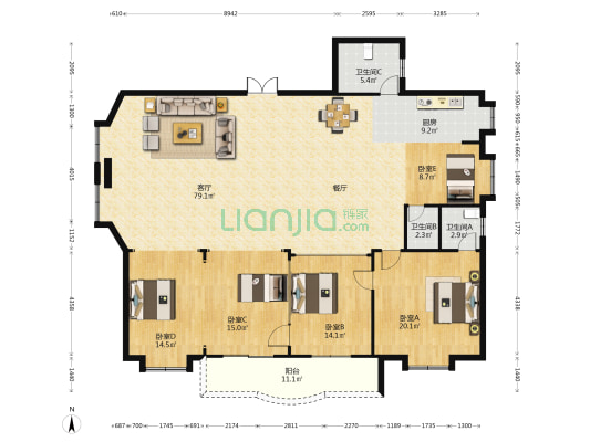 龙鑫公寓 5室1厅3卫 208平方