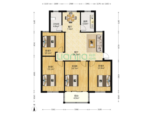 健康西路170号 4室2厅1卫 117平方