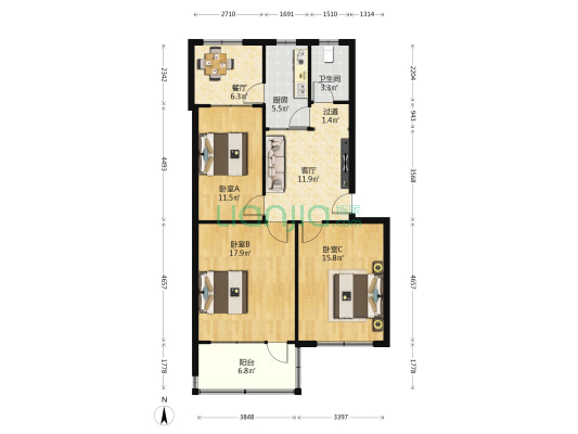 北西六路 3室2厅1卫 91平方