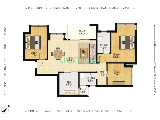 万科招商理想城风华 3室1厅2卫 100平方