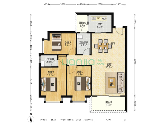 汇悦华府 3室1厅2卫 121平方