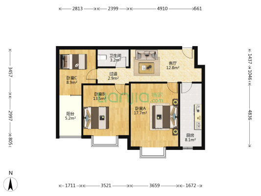 互助路一号 3室1厅1卫 96平方