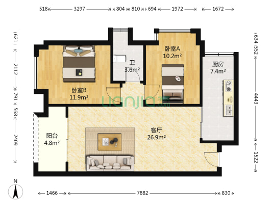 康德国际 2室1厅1卫 80平方