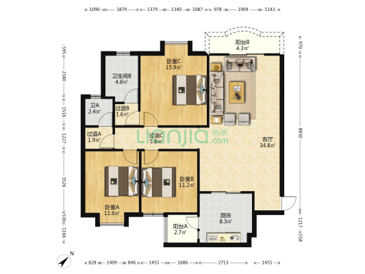 川大花园（北园） 3室1厅2卫 124平方