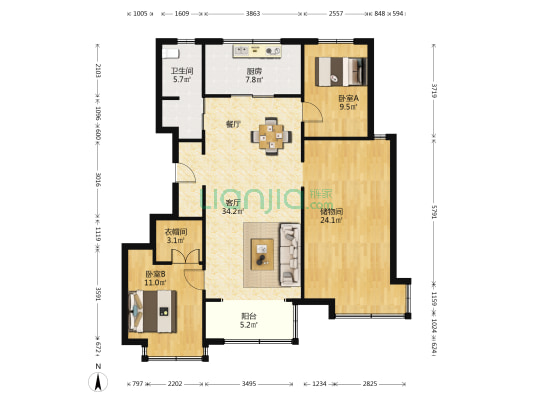 万科龙湖城市之光中区 2室1厅1卫 128平方