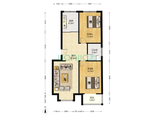 金盛花苑三期 2室1厅1卫 90平方