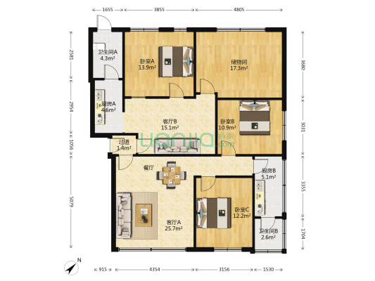 吉光路195号 3室2厅2卫 125平方
