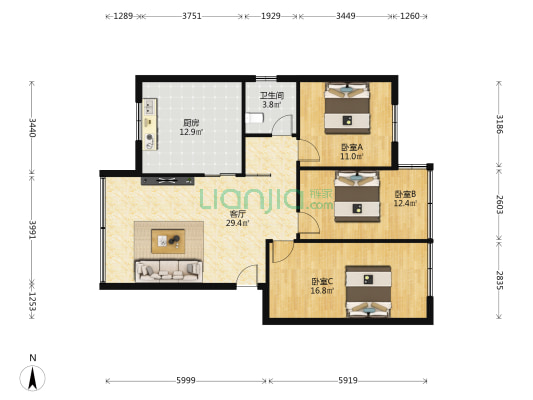 宏发苑B区 3室1厅1卫 108平方